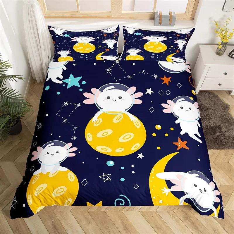 Galaxy Duvet Cover Twin King Cute Axolotl Bedding Set Cartoon Salamander Comforter Cover Polyester Ocean Sealife Bed